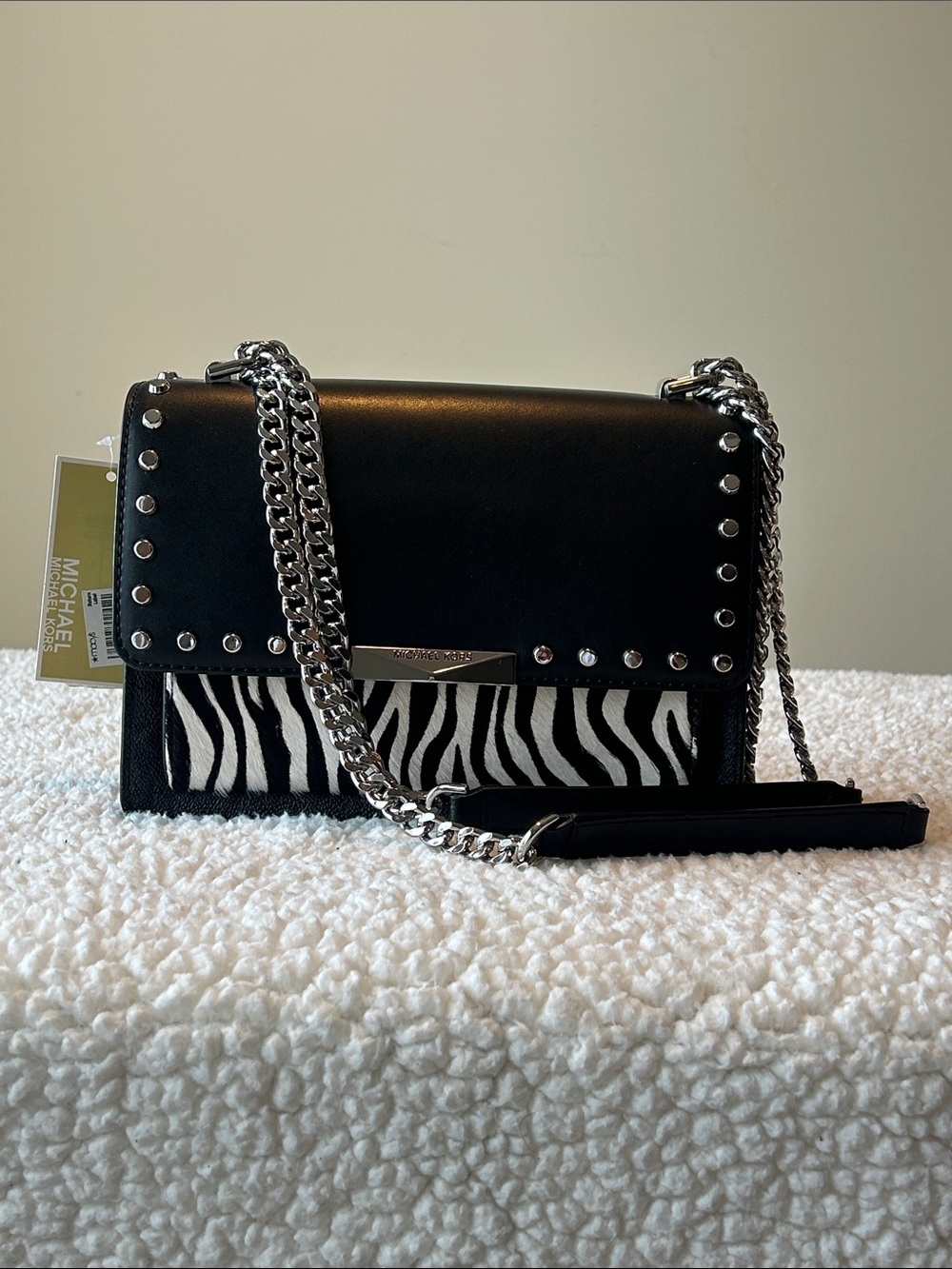 Michael Kors Black Zebra-Accent Studded Chain Purse